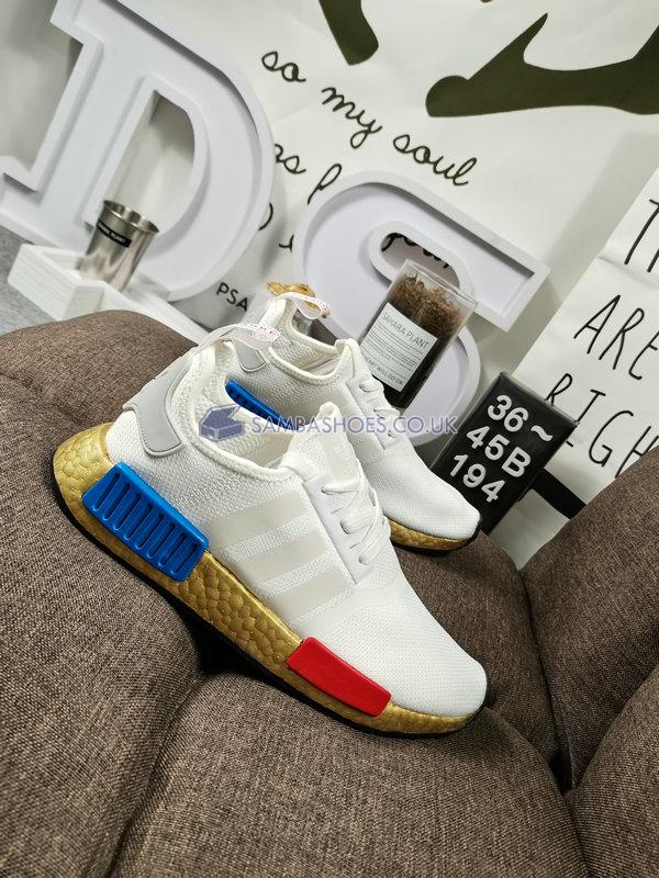 Adidas NMD_R1 "OG Gold Boost" - Cloud White/Lush Red/Lush Blue - FV3642 Classic Originals Shoes